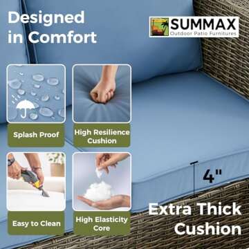 Summax 6 Pieces Sectional Sofa with Metal Top Coffee Table, Conversation Set Wicker Rattan Outdoor Furniture for Garden, Patio, Poolside, Porch PE Rattan Sofa (Blue)