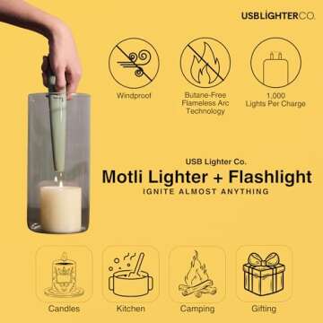 USB Lighter CO. Motli Arc Lighter - Flameless Lighter with LED Flashlight, Rechargeable Battery & Sa...