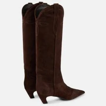 DOEYG Brown Suede Cowboy Boots for Women Pointed Toe Knee High Tall Boots Pull on Wide Calf Western Boots Fashion Dressy Comfortable Long Boots Size 9