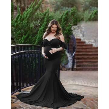 Saslax Off Shoulder Ruffle Sleeves Elegant Fitted Maxi Maternity Dress for Photoshoot Baby Shower