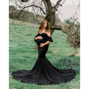 Saslax Off Shoulder Ruffle Sleeves Elegant Fitted Maxi Maternity Dress for Photoshoot Baby Shower