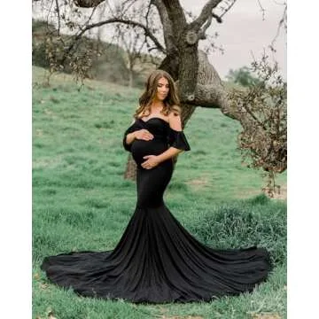 Saslax Off Shoulder Ruffle Sleeves Elegant Fitted Maxi Maternity Dress for Photoshoot Baby Shower