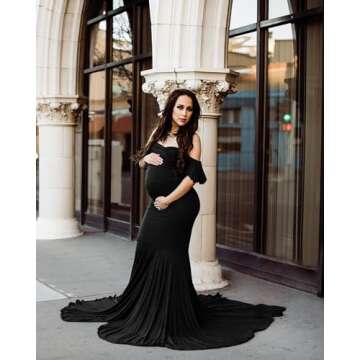Saslax Off Shoulder Ruffle Sleeves Elegant Fitted Maxi Maternity Dress for Photoshoot Baby Shower