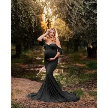 Saslax Off Shoulder Ruffle Sleeves Elegant Fitted Maxi Maternity Dress for Photoshoot Baby Shower
