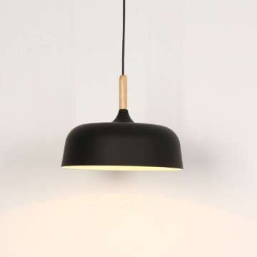 E26/27 Modern Pendant Light Industrial Art Deco Ceiling Lighting Light Fixture Simple Nordic Style Hanging Lamp Shade 1 Light Fixtures for Dining Room Kitchen Island Hallway Shop (Wooden, Black)