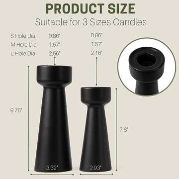 E-ROOM TREND Candle Holders Ceramic Black Taper S&L Set of 2 Matte Stylish Decorative Candlestick Ho...