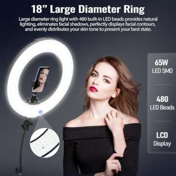 EMART 18-inch Ring Light with Stand, 65W Big Adjustable 3200-5500K LED Ringlight with Ultra-wide Lig...
