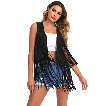 Verdusa Women's Tassel Sleeveless Vest 70s Hippie Faux Suede Fringe Jacket Cardigan Black S