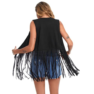 Verdusa Women's Tassel Sleeveless Vest 70s Hippie Faux Suede Fringe Jacket Cardigan Black S