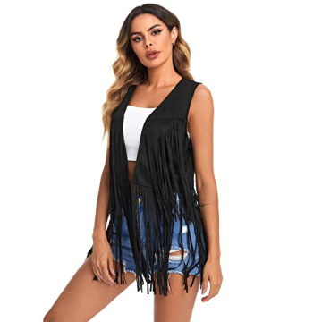 Verdusa Women's Tassel Sleeveless Vest 70s Hippie Faux Suede Fringe Jacket Cardigan Black S