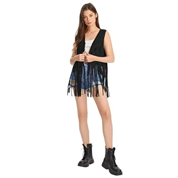 Verdusa Women's Tassel Sleeveless Vest 70s Hippie Faux Suede Fringe Jacket Cardigan Black S