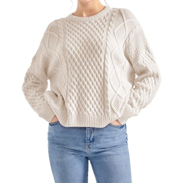 SUUKSESS Women Oversized Cable Knit Sweater Fall Long Sleeve Crew Neck Pullover Tops 2024(Apricot, S...