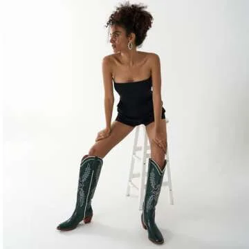 GORBINETI Green Cowboy Boots for Women Knee High Cowgirl Boots Pull on Round Toe Western Boots Chunky Heel Tall Boots Dress Party Boots Green Size 8