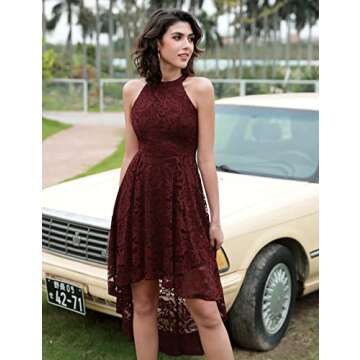 Dressystar 0028 Halter Floral Lace Cocktail Party Dress Hi-Lo Bridesmaid Dress Burgundy XXL