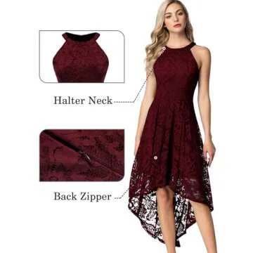 Dressystar 0028 Halter Floral Lace Cocktail Party Dress Hi-Lo Bridesmaid Dress Burgundy XXL