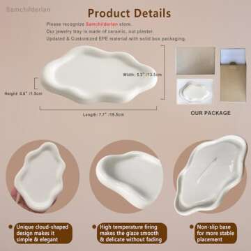 Ceramic Jewelry Dish for Women, Jewelry Tray Trinket Dish, Irregular Cloud Shape Ceramic Plate, Watch Keys Tray Ring Dish Holder for Mother's Day/Christmas/Thanksgiving/Birthday Gift(White)