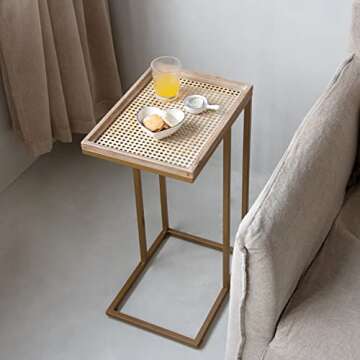 COZAYH Farmhouse C Table Couch End Table, Metal Distressed Woven Pattern Tray Top Snack Side Table, Gold