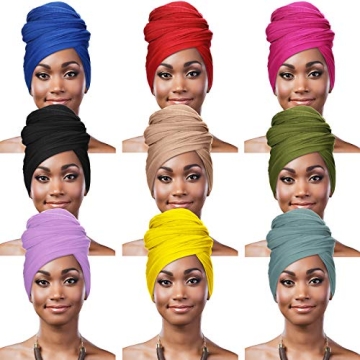 9 Pieces Stretch Head Wraps in 9 Colors Scarf Women African Turban Long Hair Scarf Soft Hair Band fo...