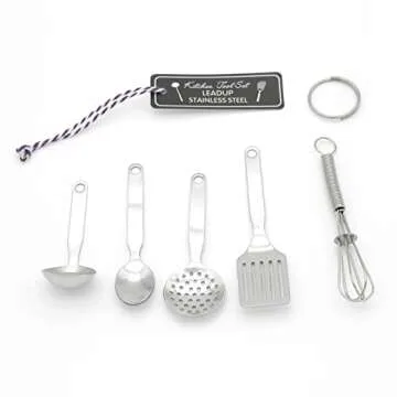 LEADUP Mini Stainless Steel Kitchen Tool Set with Keychain(3.5"),Set of 5,Includes Whisk, Spatula, Spoon, Skimmer,Soup ladle