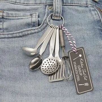 LEADUP Mini Stainless Steel Kitchen Tool Set with Keychain(3.5"),Set of 5,Includes Whisk, Spatula, Spoon, Skimmer,Soup ladle