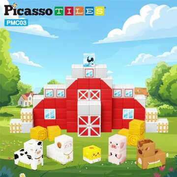 PicassoTiles Magnet Cube Farm House Theme Mix and Match Building Block Construction Toy Barn with 5 ...