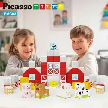 PicassoTiles Magnet Cube Farm House Theme Mix and Match Building Block Construction Toy Barn with 5 Magnetic Cubed Character Action Figure STEM Learning Education Sensory Pretend Play Kid Age 3+ PMC03