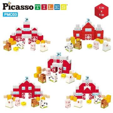 PicassoTiles Magnet Cube Farm House Theme Mix and Match Building Block Construction Toy Barn with 5 Magnetic Cubed Character Action Figure STEM Learning Education Sensory Pretend Play Kid Age 3+ PMC03