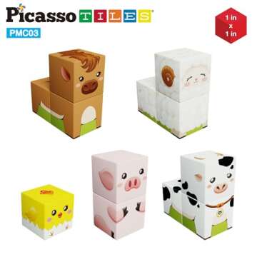 PicassoTiles Magnet Cube Farm House Theme Mix and Match Building Block Construction Toy Barn with 5 Magnetic Cubed Character Action Figure STEM Learning Education Sensory Pretend Play Kid Age 3+ PMC03
