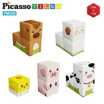 PicassoTiles Magnet Cube Farm House Theme Mix and Match Building Block Construction Toy Barn with 5 Magnetic Cubed Character Action Figure STEM Learning Education Sensory Pretend Play Kid Age 3+ PMC03