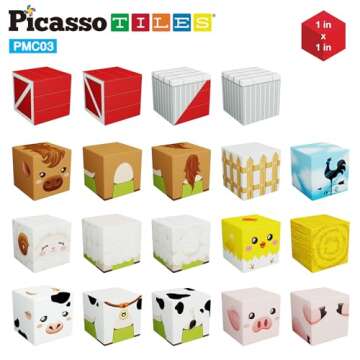 PicassoTiles Magnet Cube Farm House Theme Mix and Match Building Block Construction Toy Barn with 5 Magnetic Cubed Character Action Figure STEM Learning Education Sensory Pretend Play Kid Age 3+ PMC03
