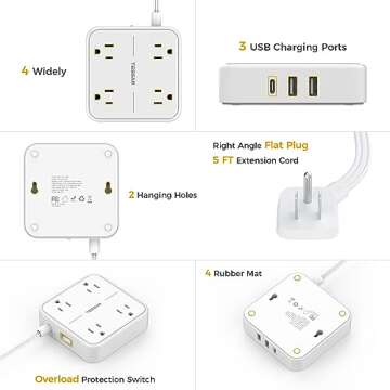 TESSAN Surge Protector Power Strip 15 Feet with USB Ports