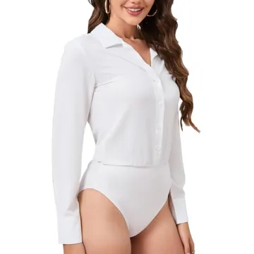 Stylish PBQOA Women's Button Down Bodysuit Blouse