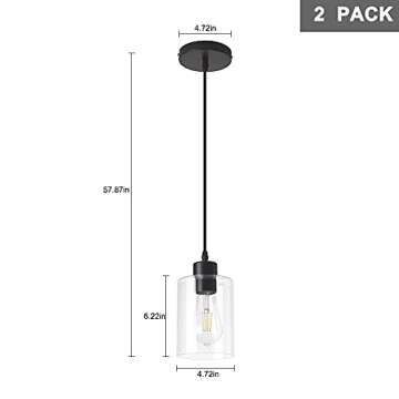 KLSS Modern Black Farmhouse Clear Glass Cylinder Pendant Light Fixture,Island Lights for Kitchen,Mini Pendant Lighting for Kitchen Island Decor - 4.75 Inch Shade 58 Inch Cord (Black 2 Pack)