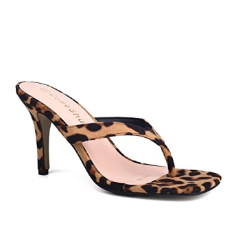 ComeShun Women Slip On Kitten Heels Mules Square Toe Flip Flops Sandals Leopard Prints Size 6