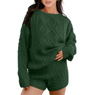 ANRABESS Women’s Deep Green Cozy Fall Loungewear Set with Sweater and Shorts