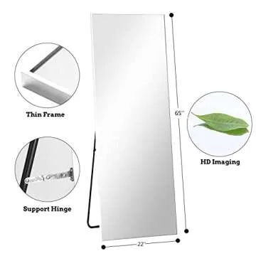 Trvone Full Length Mirror Aluminum Alloy Thin Frame Wall-Mounted Mirror Hanging or Leaning Against Wall Bedroom Mirror Floor Mirror, Full Body Mirror, White, 65"x22" (TR-JJ01035AAG-JP006)