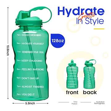 Giotto Large 1 Gallon/128oz (When Full) Motivational Water Bottle with Time Marker & Straw, Leakproo...