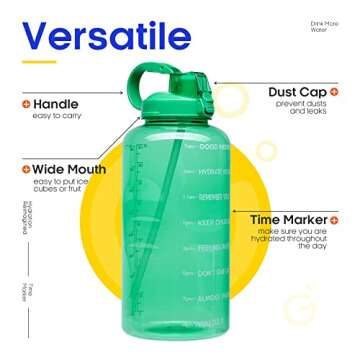 Giotto Large 1 Gallon/128oz (When Full) Motivational Water Bottle with Time Marker & Straw, Leakproof Tritan BPA Free, Ensure You Drink Enough Water Daily for Fitness, Gym and Outdoor Sports-Green