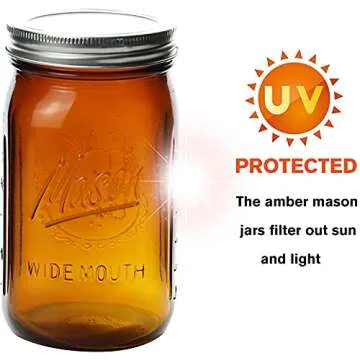 Polytun Amber Glass Mason Jars 32 oz Wide Mouth with Airtight Lids and Bands 6 Pack, Amber Clear Glass Canning Mason Jars, Quart Mason Jars (Set of 6) (Wide Mouth)