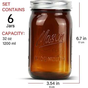 Polytun Amber Glass Mason Jars 32 oz Wide Mouth with Airtight Lids and Bands 6 Pack, Amber Clear Glass Canning Mason Jars, Quart Mason Jars (Set of 6) (Wide Mouth)