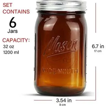 Polytun Amber Glass Mason Jars 32 oz Wide Mouth with Airtight Lids and Bands 6 Pack, Amber Clear Glass Canning Mason Jars, Quart Mason Jars (Set of 6) (Wide Mouth)