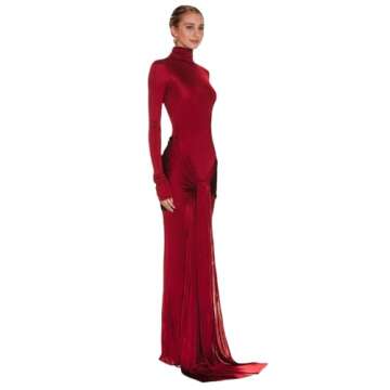 JUMISEE Women's Sexy High Neck Long Sleeve Maxi Dress Elegant Tie Waist Bodycon Long Dress Cocktail ...