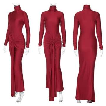 JUMISEE Women's Sexy High Neck Long Sleeve Maxi Dress Elegant Tie Waist Bodycon Long Dress Cocktail Party Dress Red
