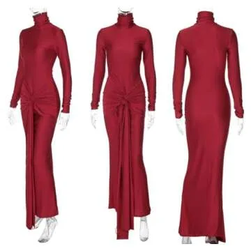 JUMISEE Women's Sexy High Neck Long Sleeve Maxi Dress Elegant Tie Waist Bodycon Long Dress Cocktail Party Dress Red