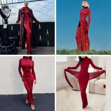 JUMISEE Women's Sexy High Neck Long Sleeve Maxi Dress Elegant Tie Waist Bodycon Long Dress Cocktail Party Dress Red