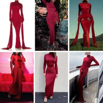JUMISEE Women's Sexy High Neck Long Sleeve Maxi Dress Elegant Tie Waist Bodycon Long Dress Cocktail Party Dress Red