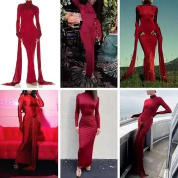 JUMISEE Women's Sexy High Neck Long Sleeve Maxi Dress Elegant Tie Waist Bodycon Long Dress Cocktail Party Dress Red