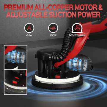 Drywall Sander with Vacuum Dust Collector, IMQUALI® 6.8A 750W Sander Tool with 7 Variable Speed 800-1750RPM, Popcorn Ceiling Removal Tool, Extendable Handle, LED Light,12pcs Sanding Discs, Red, I01R