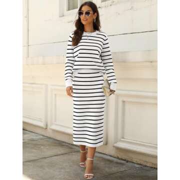 ANRABESS Women 2 Piece Outfits Striped Sweater Skirt Sets 2025 Fall Casual Long Sleeve Pullover Top Lounge Travel Midi Dress Black White Small
