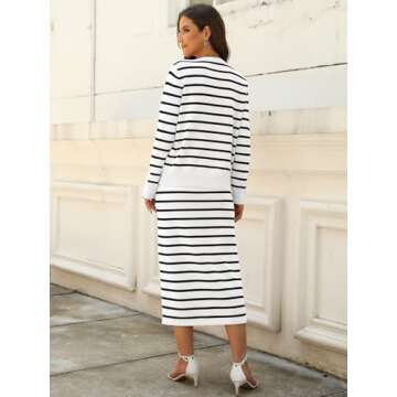 ANRABESS Women 2 Piece Outfits Striped Sweater Skirt Sets 2025 Fall Casual Long Sleeve Pullover Top Lounge Travel Midi Dress Black White Small